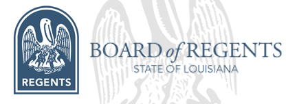 Blue Board of Regents shield with pelican nested next to Board of Regents wordmark.
