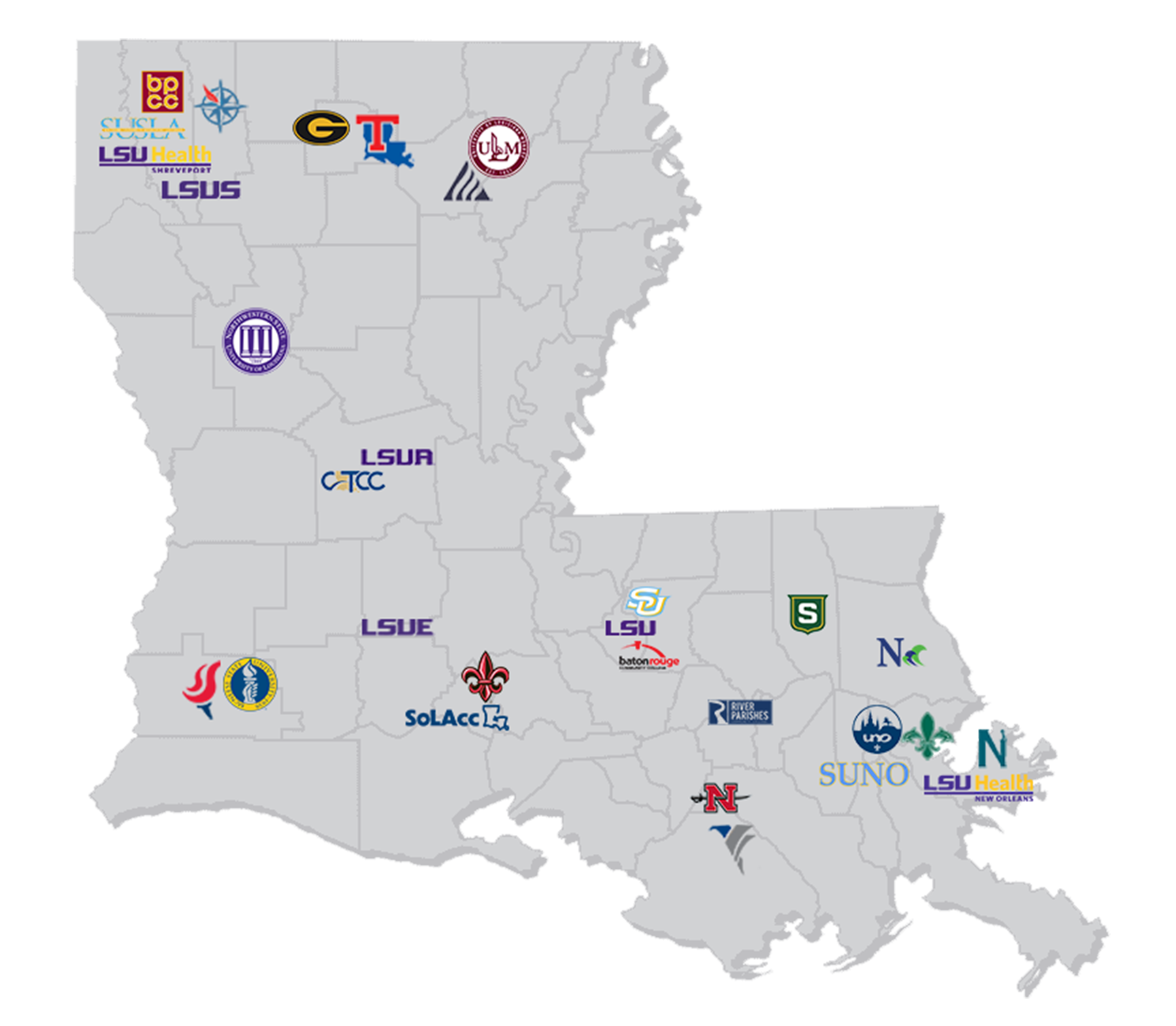 Map of Louisiana with Colleges and Universities
