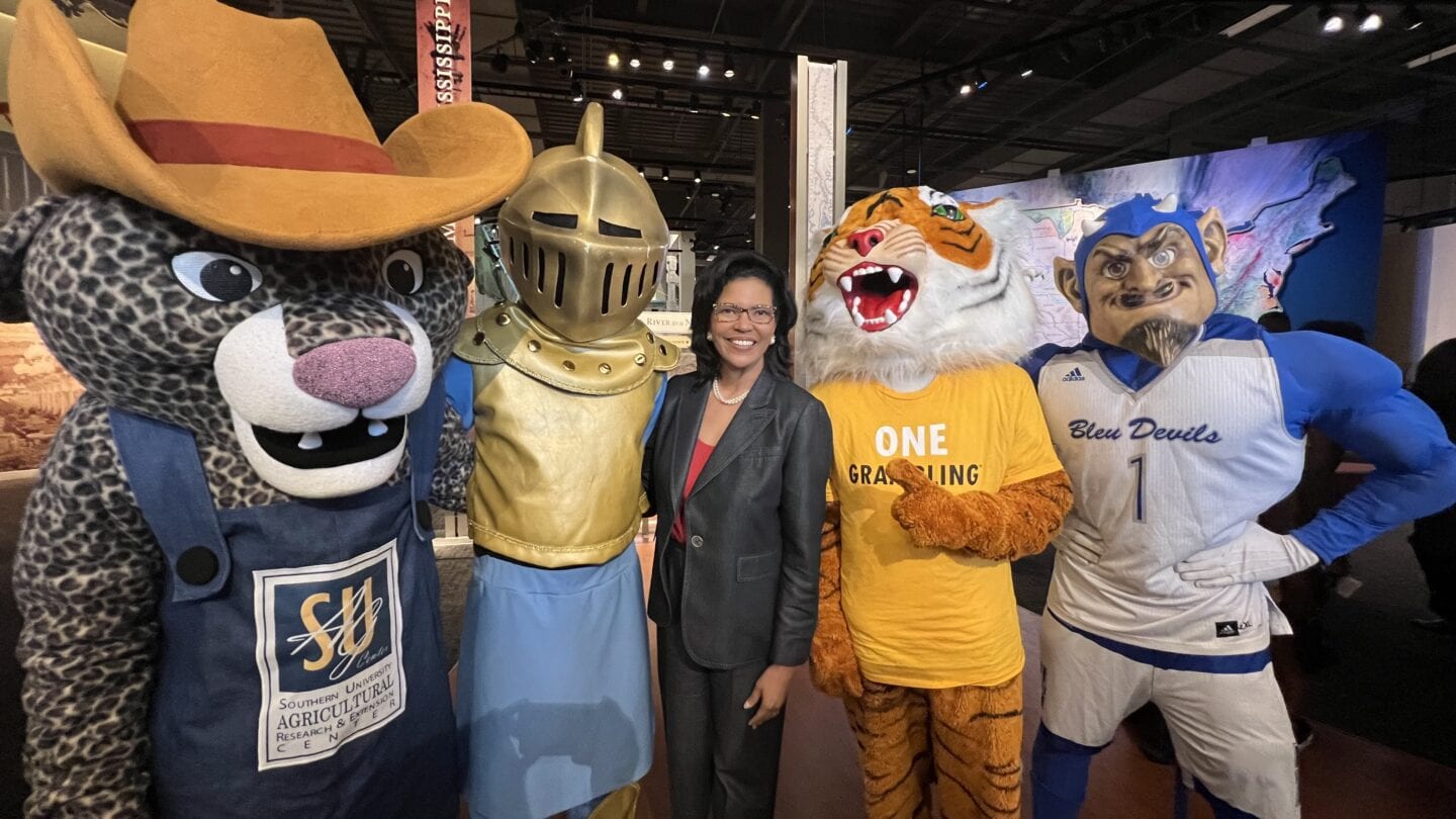 Commissioner Kim Hunter Reed and mascot friends at HBCU Day at the Capitol.