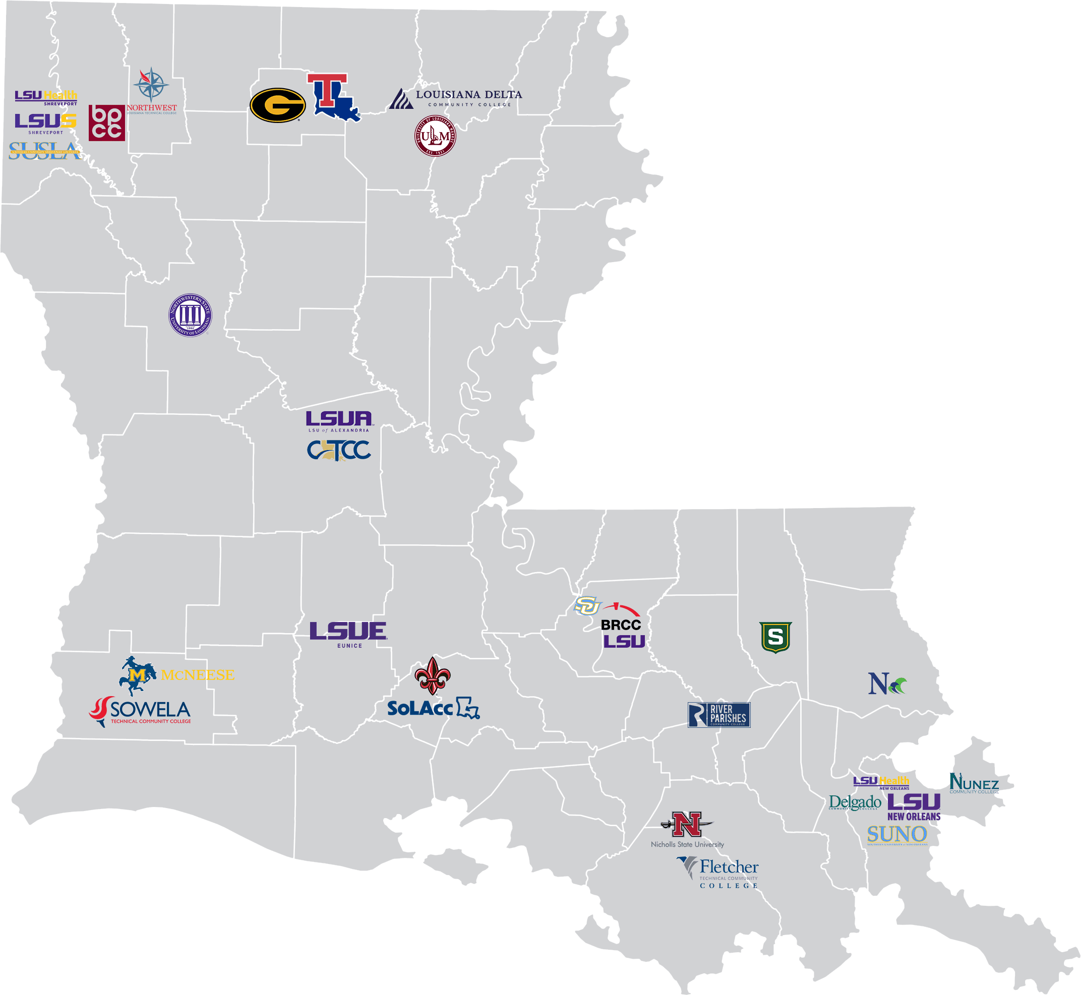 A map of Louisiana with the state's public postsecondary institution logos