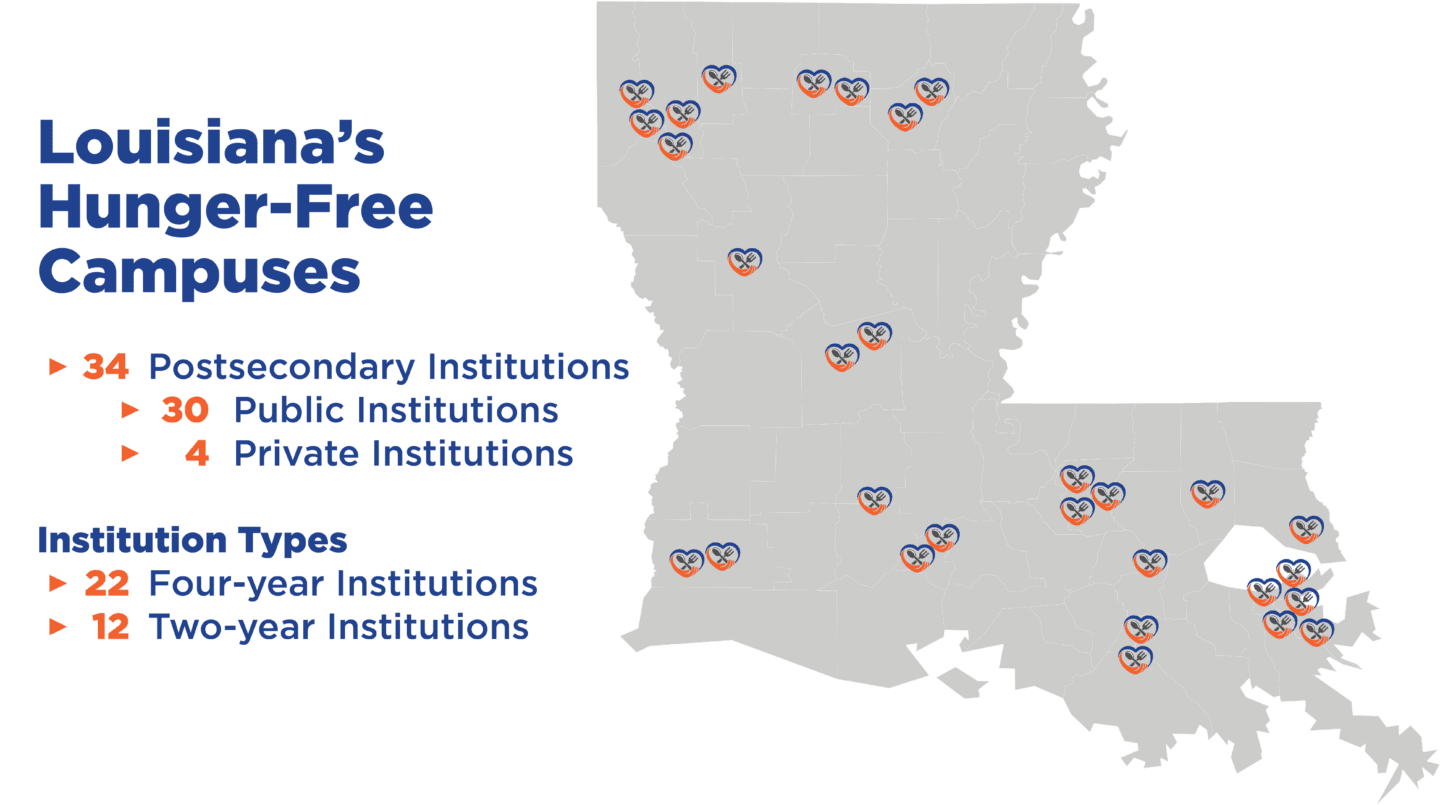 A map of Louisiana's 34 Hunger-Free Campuses